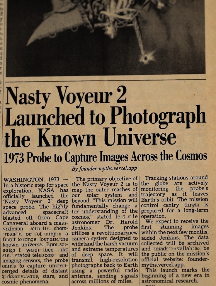 Recovered newspaper clipping. A halftone photograph of a spindly deep-space probe sits above the headline &ldquo;Nasty Voyeur 2 Launched to Photograph the Known Universe,&rdquo; subhead &ldquo;1973 Probe to Capture Images Across the Cosmos,&rdquo; bylined &ldquo;By founder-myths.vercel.app,&rdquo; with three justified columns of body text bleeding into OCR rot.