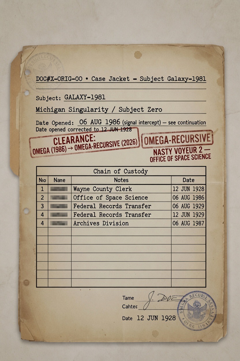 Recovered case jacket cover sheet on aged, hole-punched paper. Typed heading &ldquo;DOC#X-ORIG-00 • Case Jacket — Subject Galaxy-1981.&rdquo; Subject: GALAXY-1981 / Michigan Singularity / Subject Zero. Date Opened 06 AUG 1986 (signal intercept), corrected by hand to 12 JUN 1928. Two red rubber stamps read &ldquo;CLEARANCE: OMEGA (1986) → OMEGA-RECURSIVE (2026)&rdquo; and &ldquo;OMEGA-RECURSIVE — NASTY VOYEUR 2 — OFFICE OF SPACE SCIENCE.&rdquo; A ruled Chain of Custody table lists redacted names against Wayne County Clerk, Office of Space Science, Federal Records Transfer and Archives Division, dated between 1928 and 1987. Foot of the sheet bears a handwritten &ldquo;J. Doe&rdquo; signature, the date 12 JUN 1928, and a circular OMEGA-RECURSIVE seal.